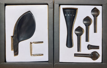 Swiss model violin pegs, tailpiece, end pin & chin rest set