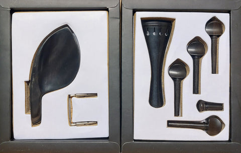 Swiss model violin pegs, tailpiece, end pin & chin rest set